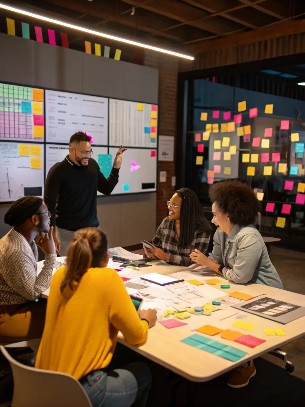 A marketing team reviewing translated advertising materials with culturally relevant imagery, highlighting LinguaBridge's skills in marketing translation.