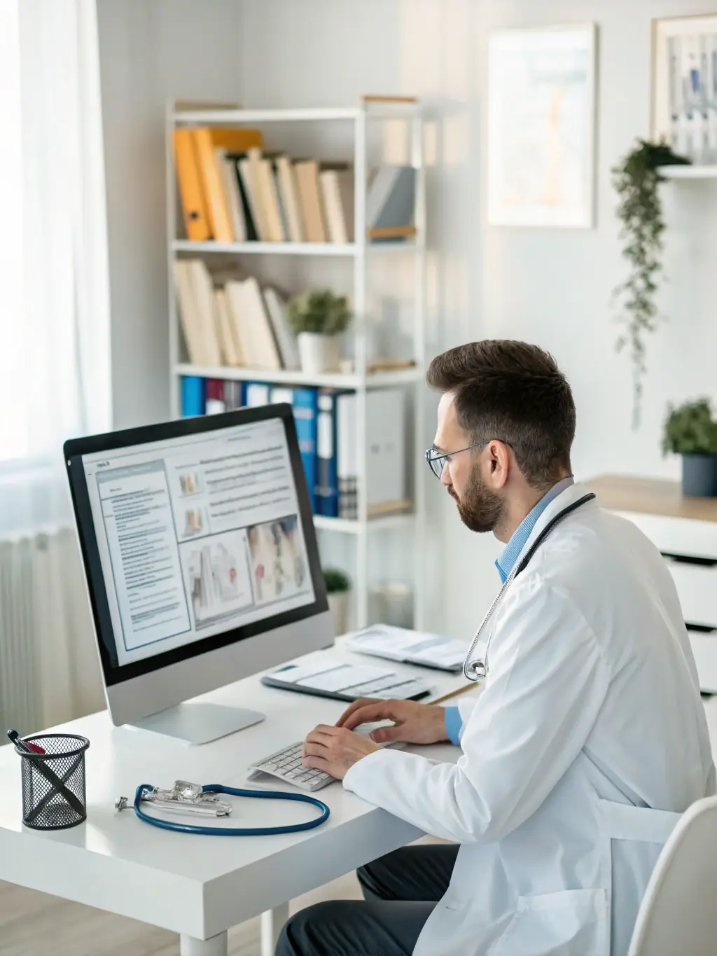 A doctor reviewing medical records with translated labels and instructions, showcasing LinguaBridge's capabilities in medical translation.