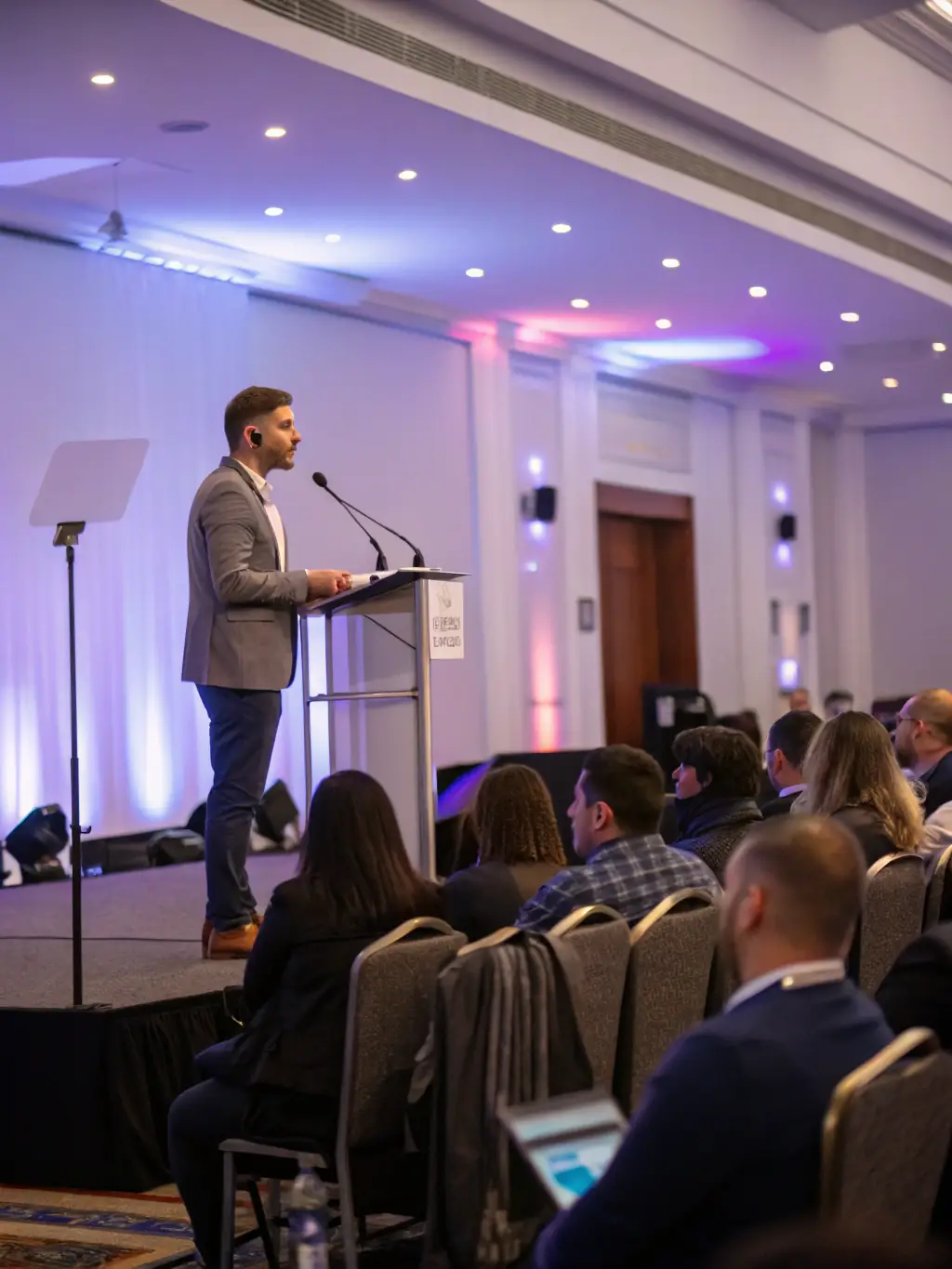 An interpreter in a conference setting, using professional equipment to provide real-time translation for attendees.