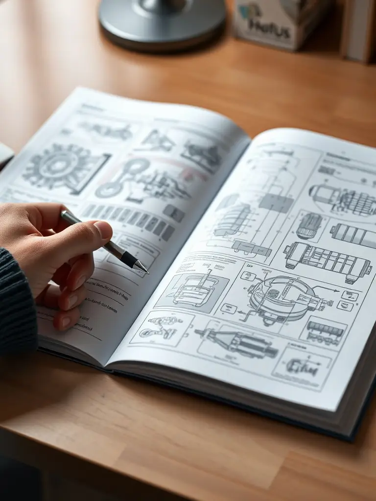 A technical manual being translated with engineering schematics and diagrams in the background, representing LinguaBridge's proficiency in technical translations.