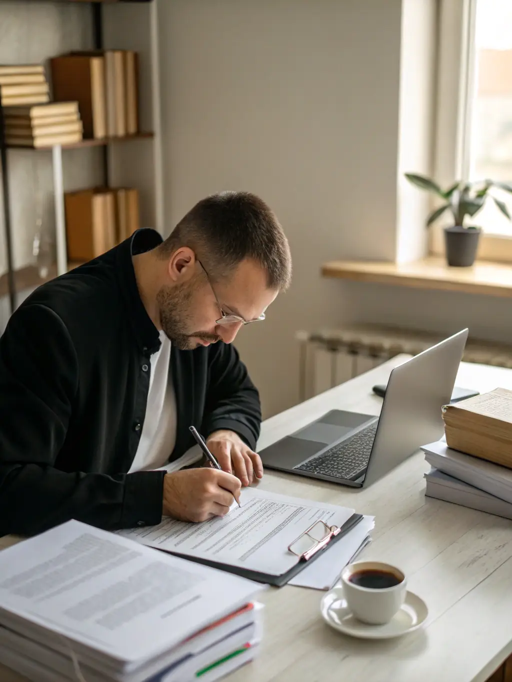 A professional translator working diligently at their desk, surrounded by stacks of documents and language resources, bathed in natural light.